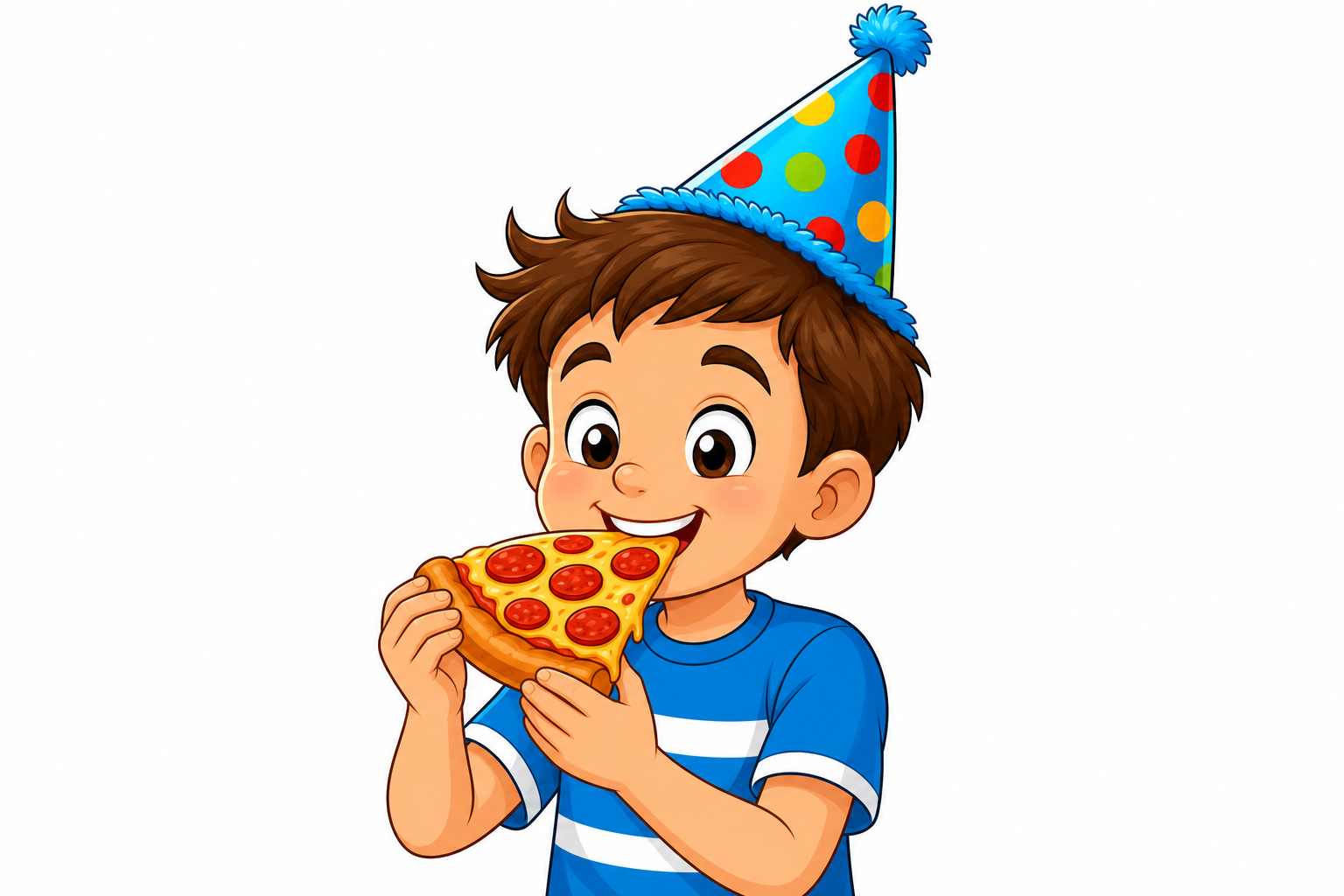 can you make a color image of the boy eating pizza with the birthday hat on with white background