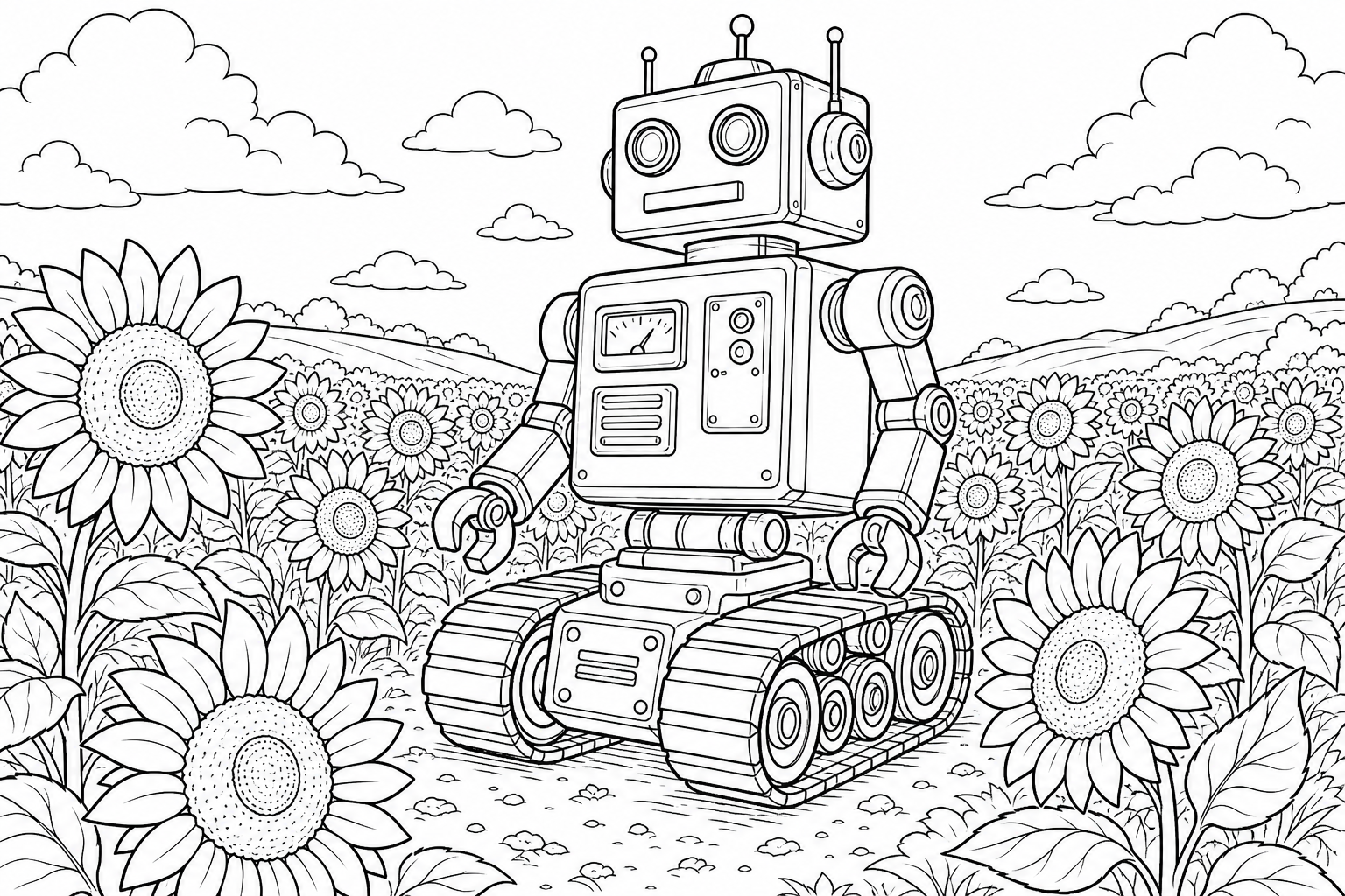 Robot Coloring Page: Tank-Treaded Robot in Sunflower Field
