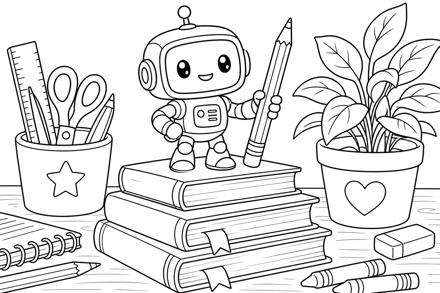 A tiny pocket-sized robot standing on a stack of books holding a pencil