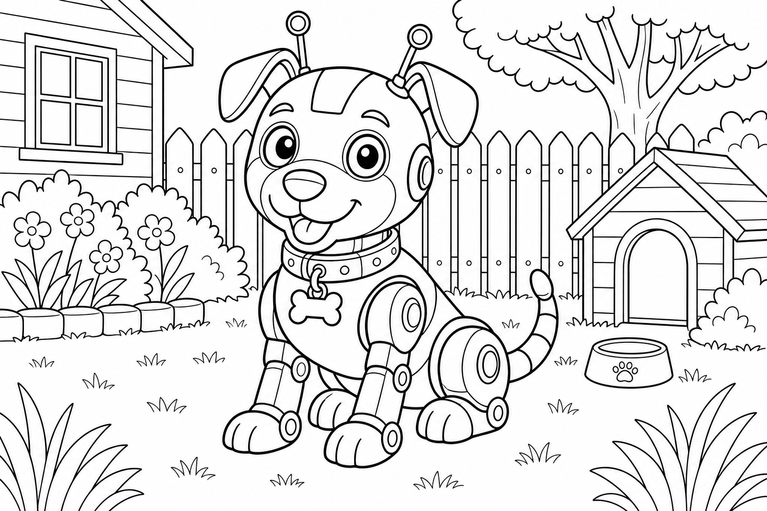 A friendly robot dog with a collar tag, antenna ears and jointed legs, sitting in a backyard