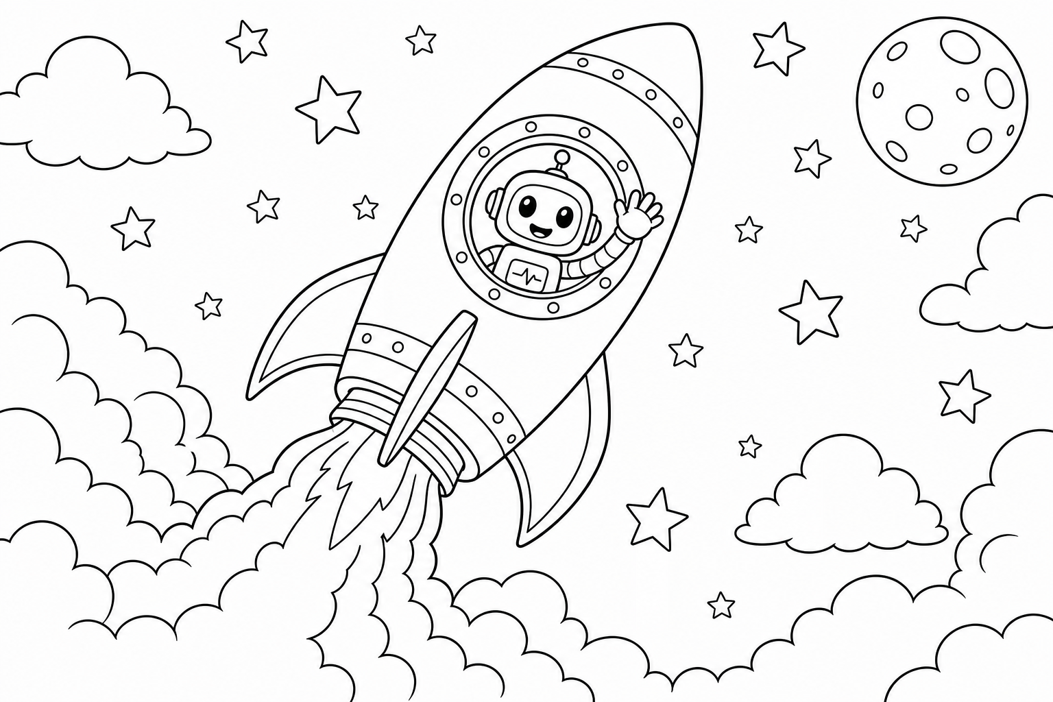 Coloring Page: Robot Waving from Rocket Launch - June 2026