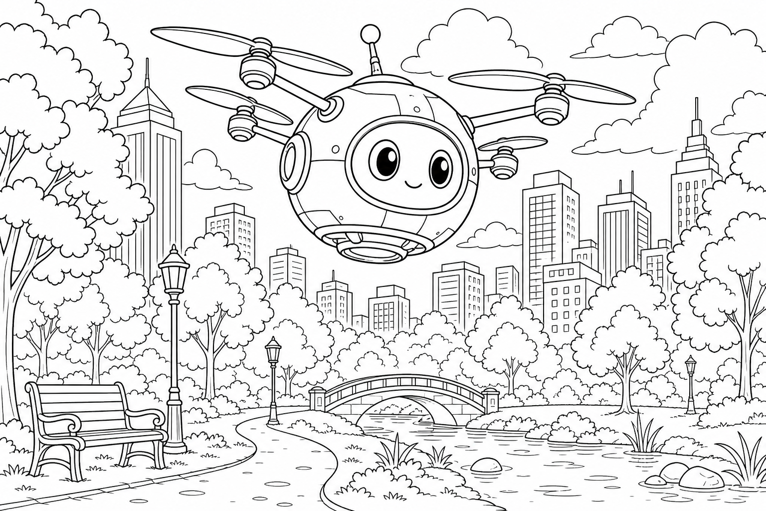 A round hovering robot with rotor blades flying above a city park