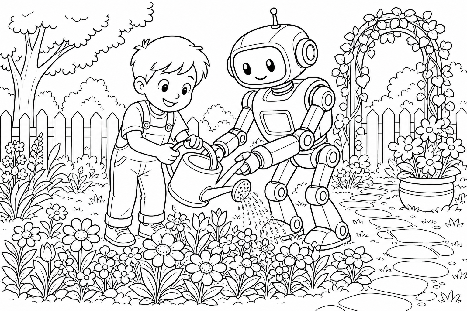 Robot & Child Garden Adventure Coloring Page