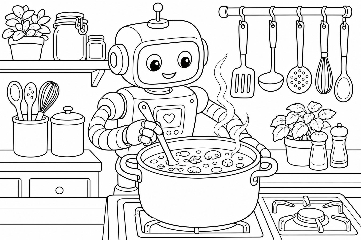 A kitchen robot stirring a big pot of soup, utensils hanging on hooks behind it