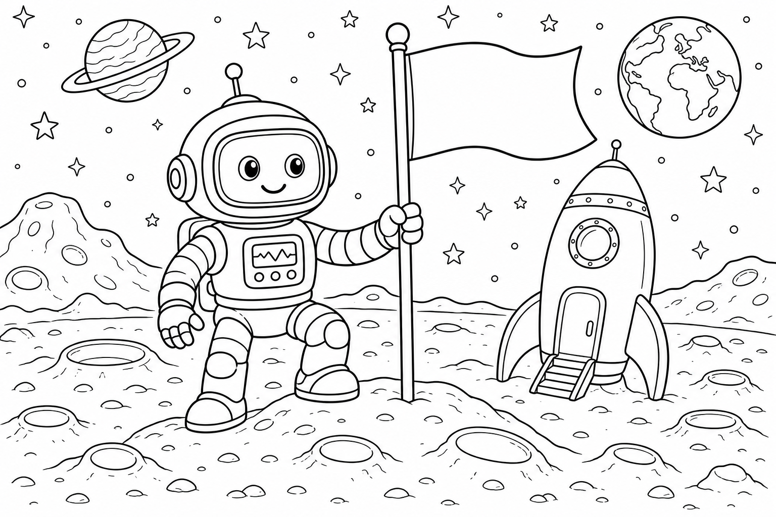 A robot astronaut planting a flag on the moon beside a small rocket