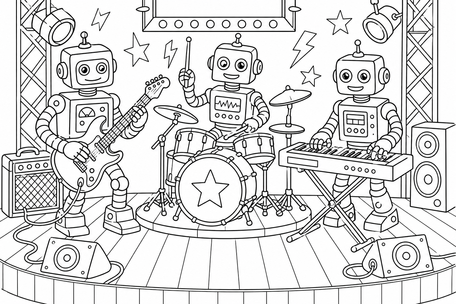 A robot band with three robots playing drums, guitar and keyboard on a small stage