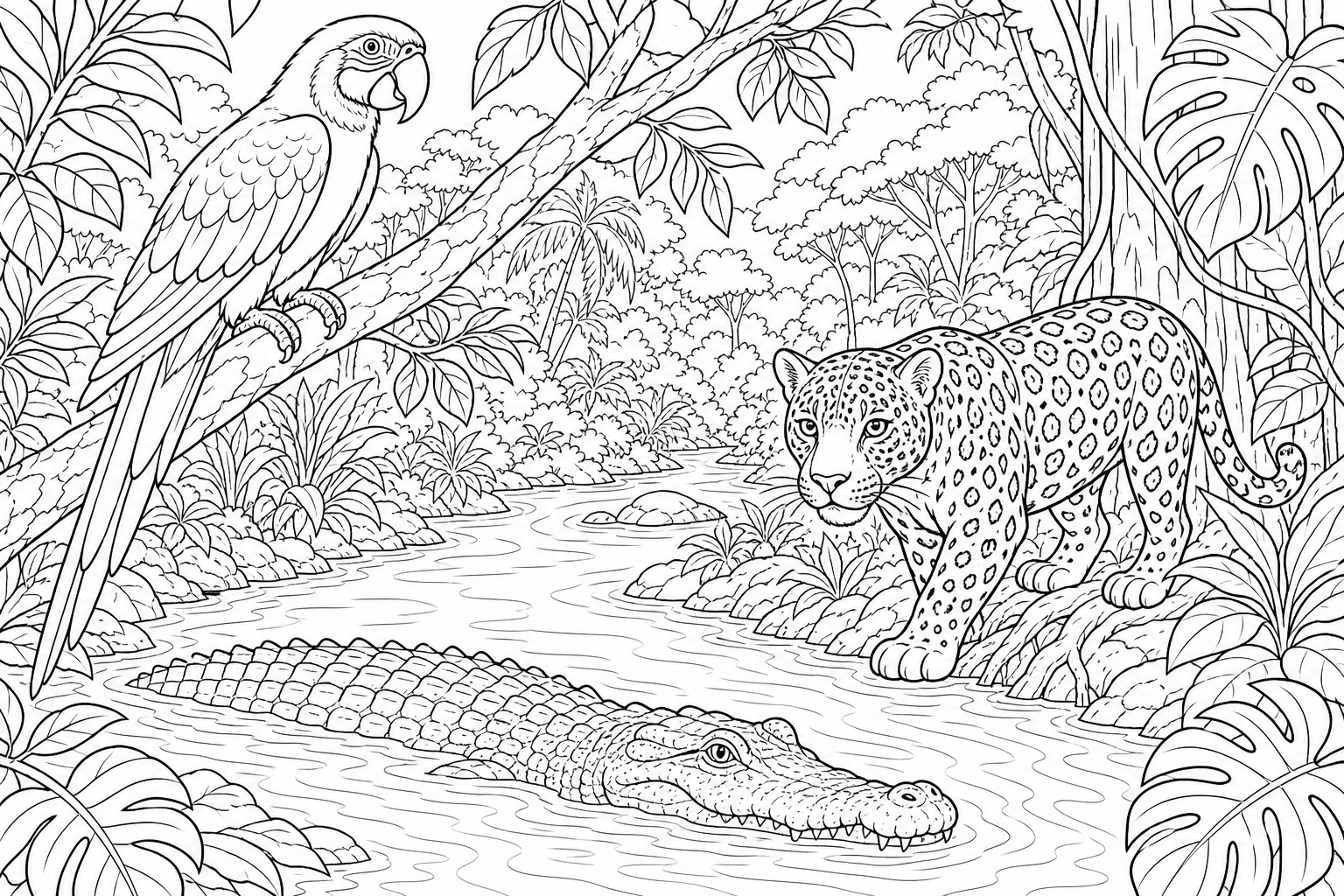 A rainforest, a parrot sits in a tree crown, a river flows through the forest and there swims a crocodile and a jaguar can be seen