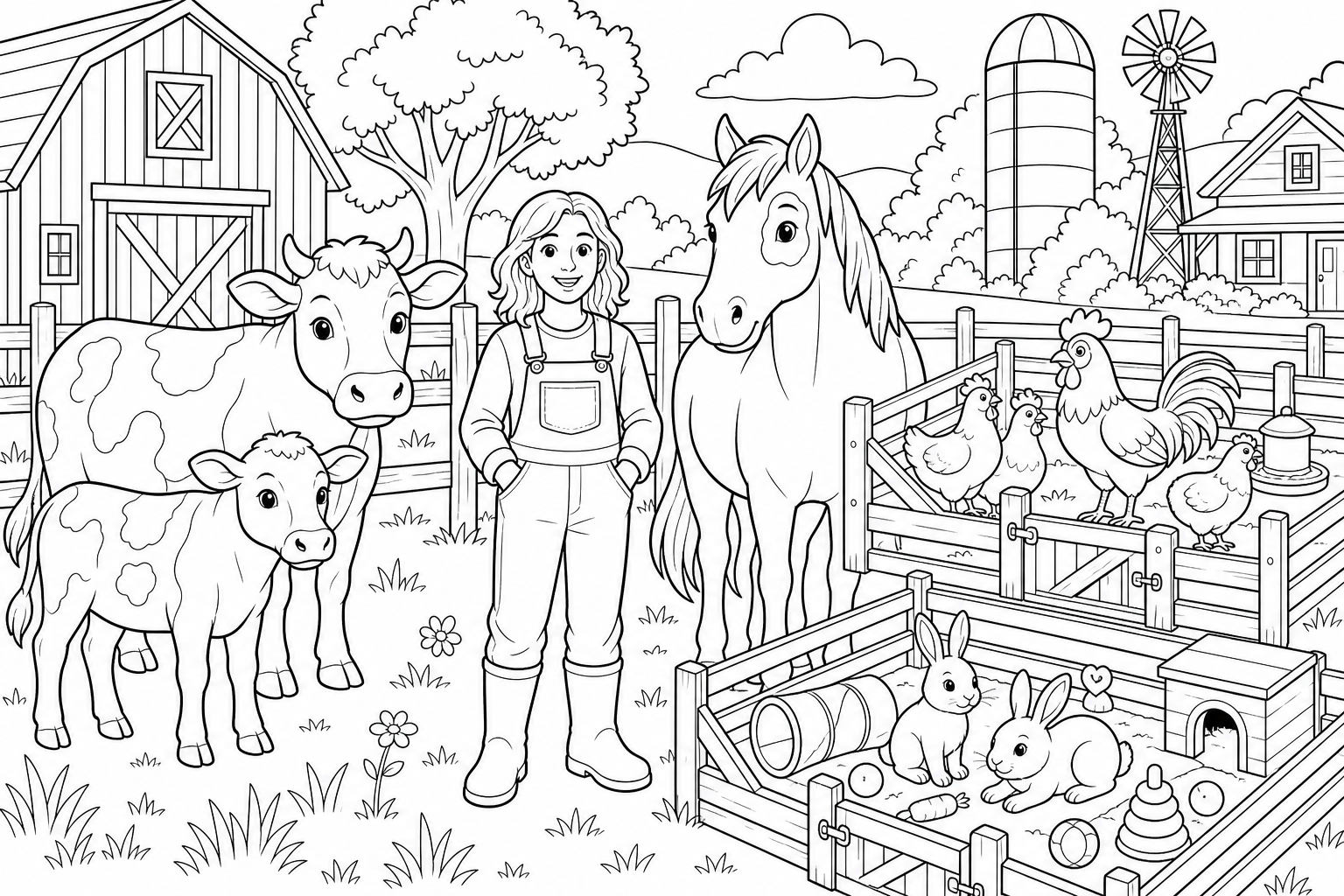 A farm where there is a fence in the background and two cows stand in this area. The farm should be on the right side. In the middle stands a person with hair down to their shoulders. Next to it stands a horse that has a spot around one eye. On the right side, there should be two fences. In one there are chickens with a rooster. In the other there are rabbits and they have a lot of toys in their enclosure.