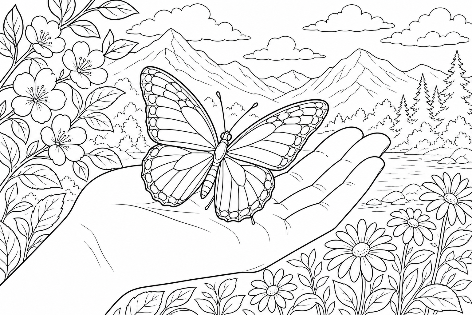 A butterfly perched on an open hand, wings gently spread, soft simple background