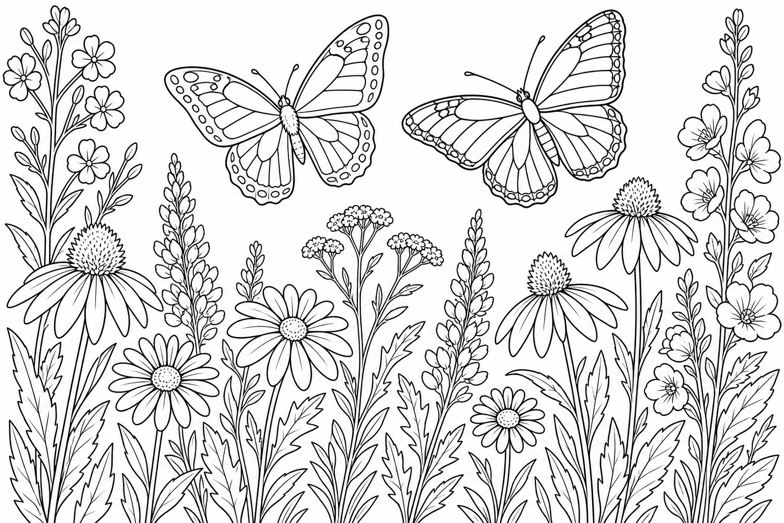 Two butterflies fluttering above tall wildflowers, wings spread, simple garden scene