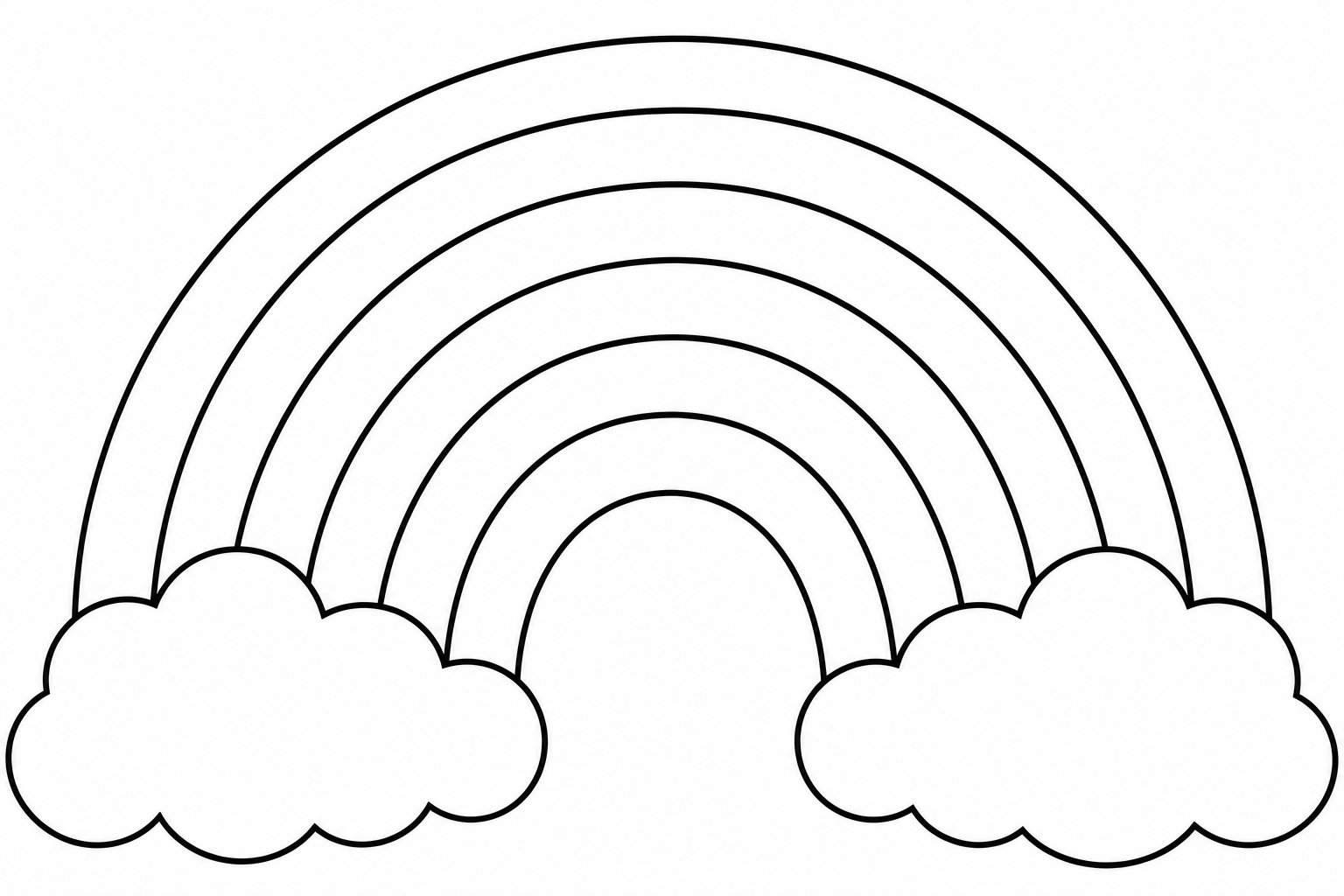 A big bold rainbow with thick simple bands and two round clouds and very few extra details