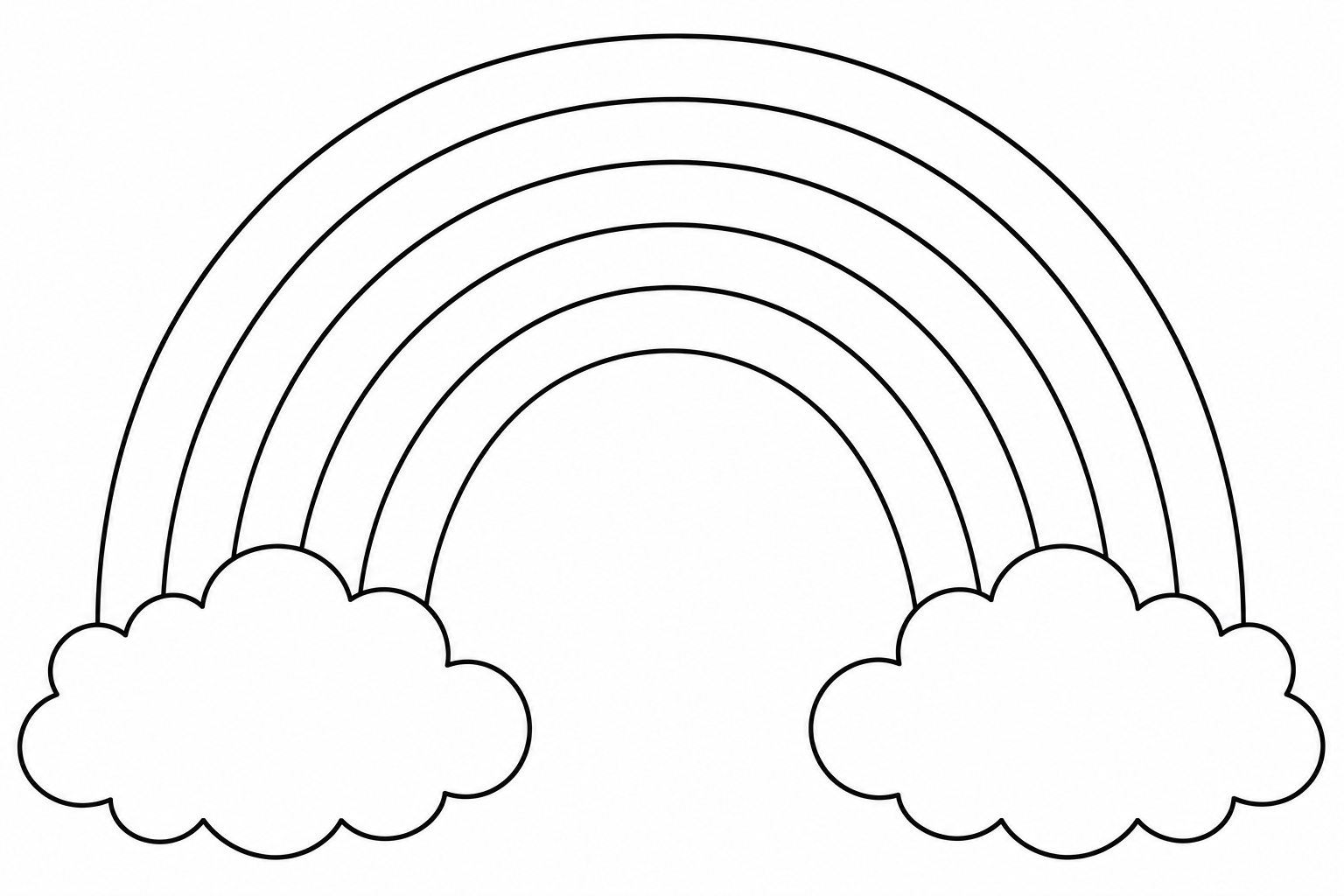 A rounded rainbow arch with seven smooth bands rising over two fluffy clouds