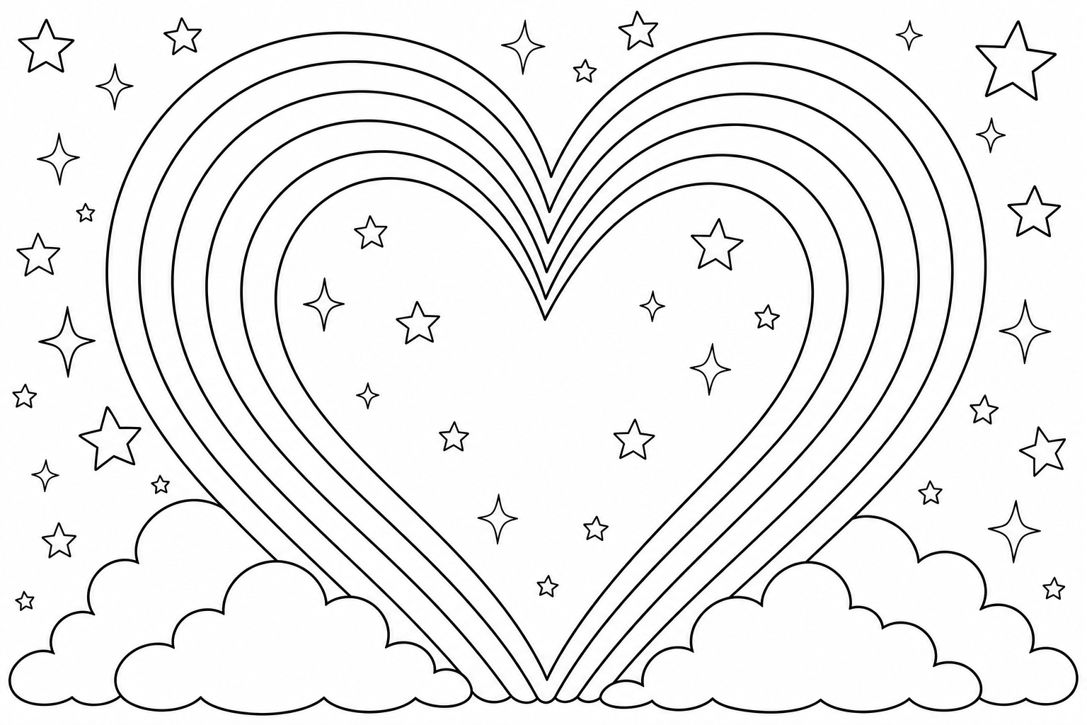 A rainbow bent into the shape of a heart with little stars scattered around it