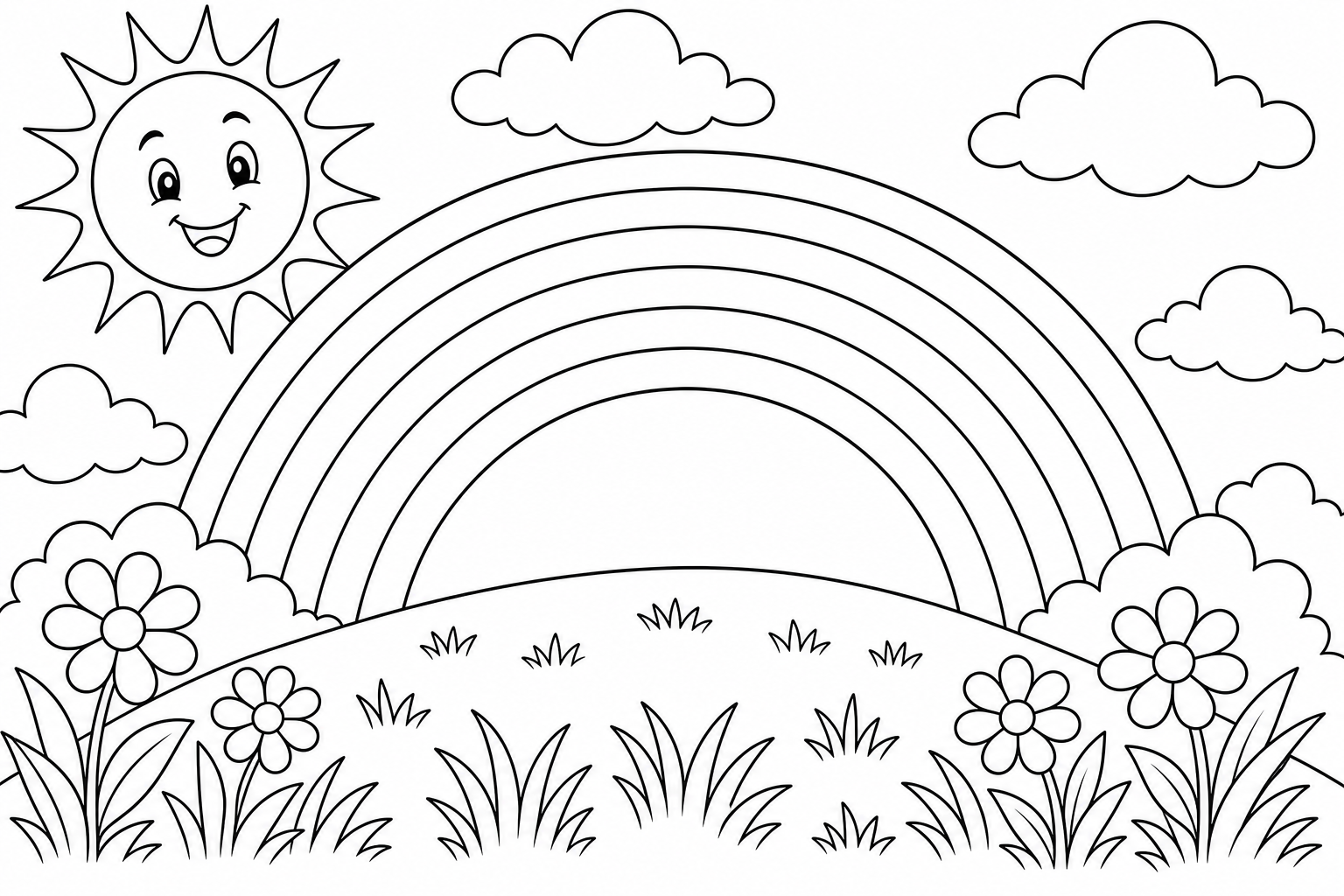 A wide rainbow arching over a grassy hill with a smiling sun in the corner