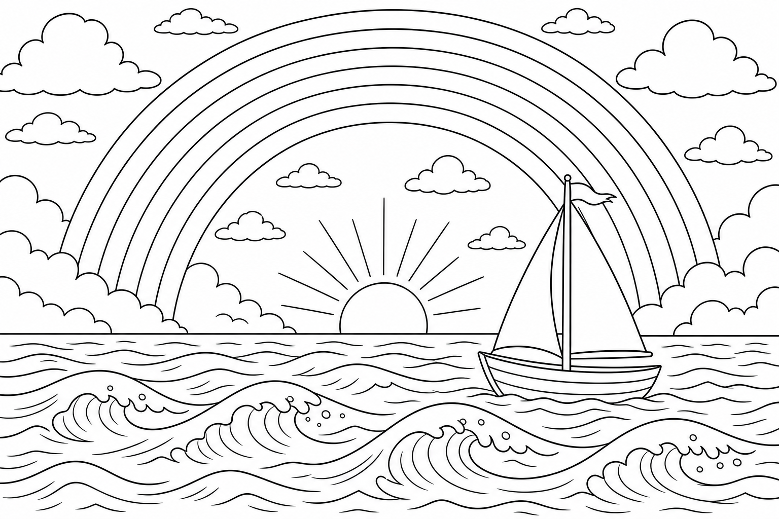 A rainbow over an ocean horizon with gentle rolling waves and a small sailboat