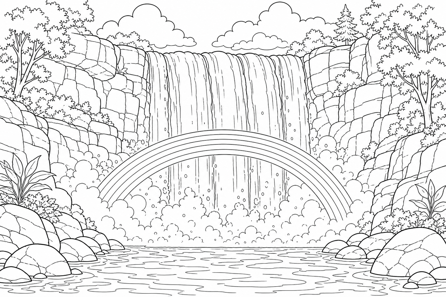A waterfall splashing into a pool with a delicate rainbow forming in the rising mist