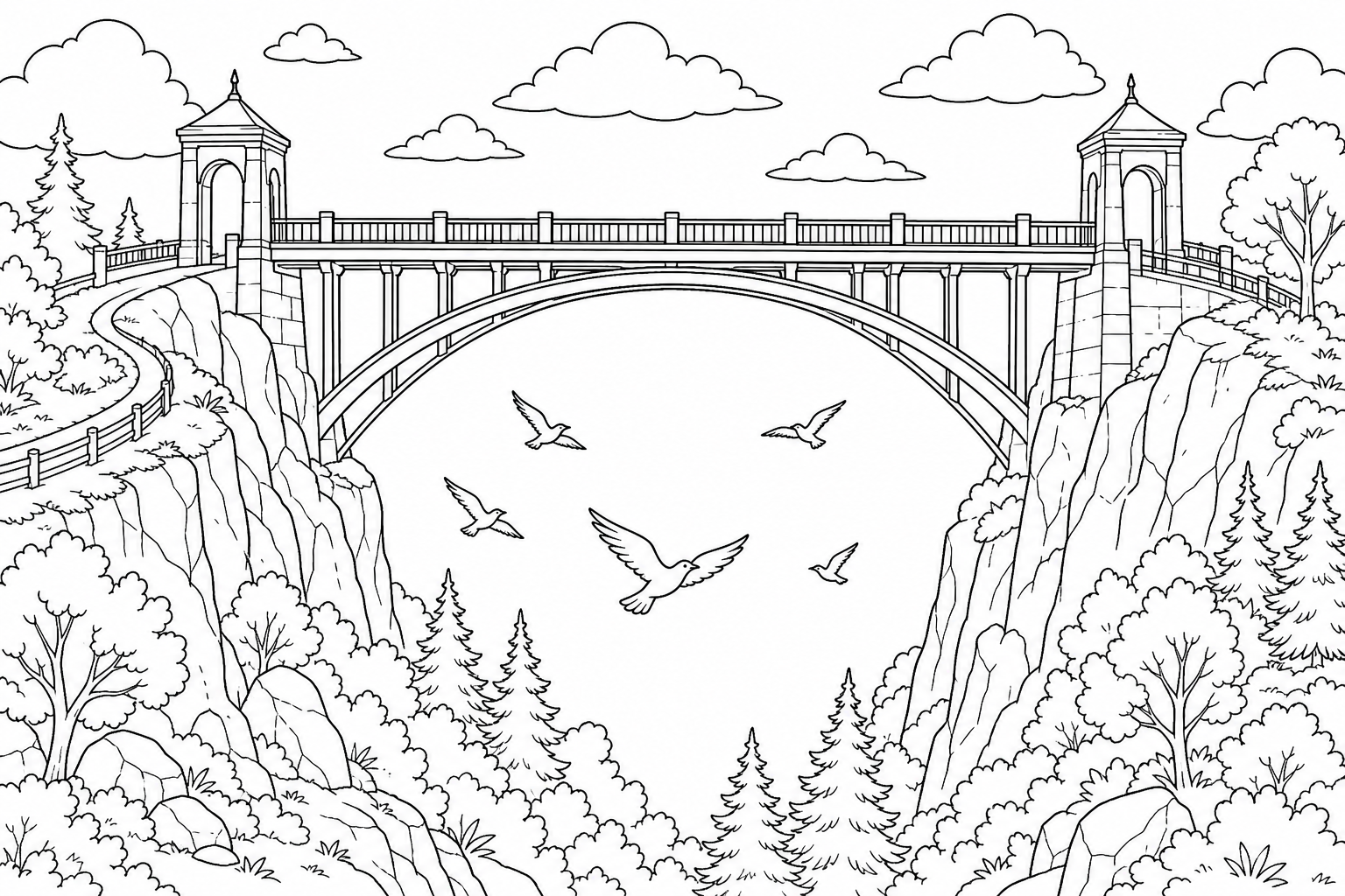 A rainbow bridge stretching between two hilltops with small birds flying beneath it