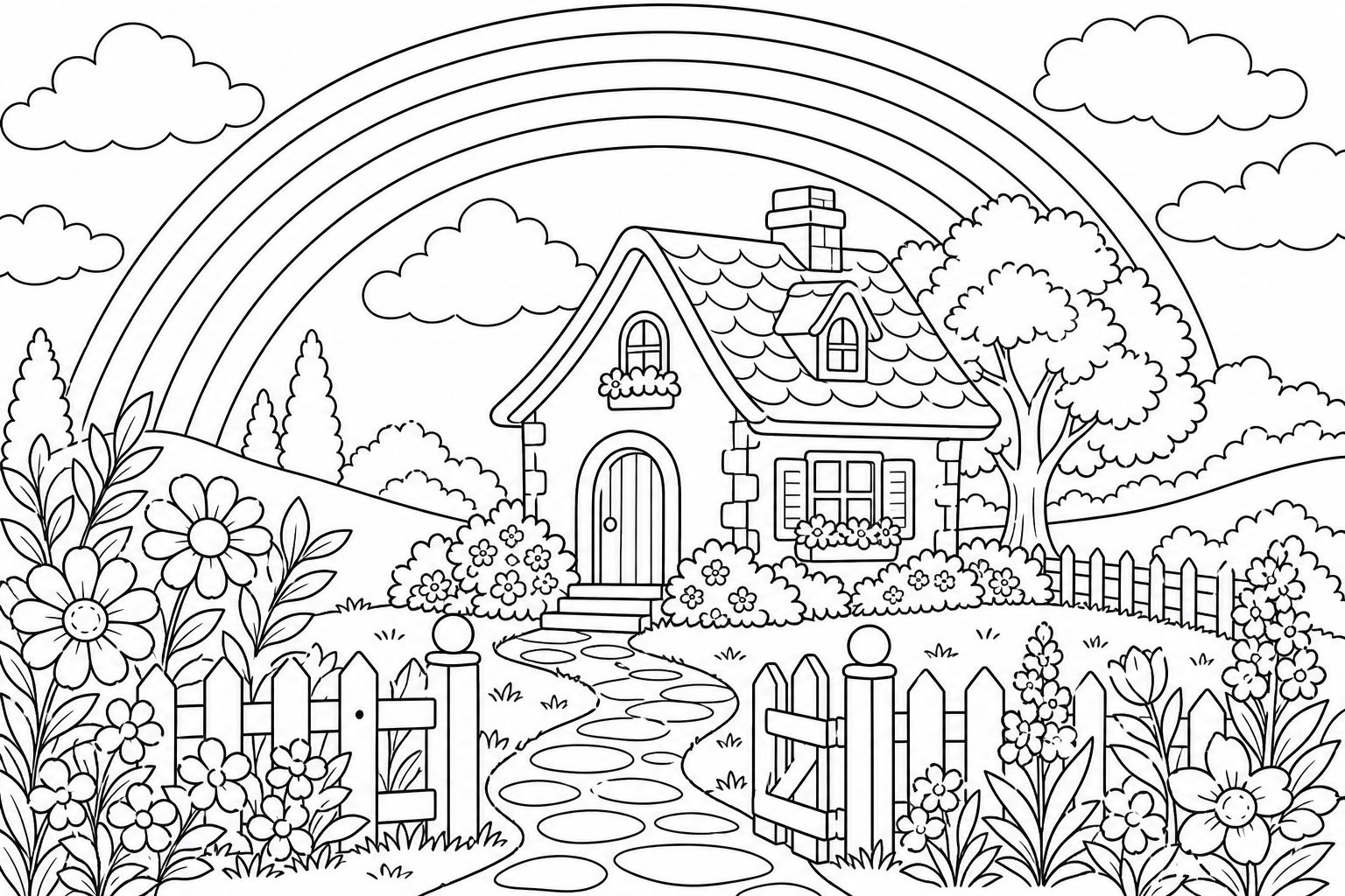 A rainbow curving over a small cottage with a winding path and a low picket fence