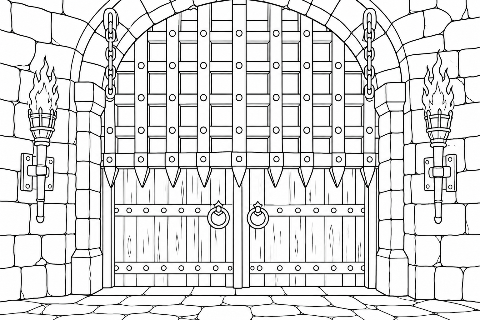 Castle Coloring Page - Portcullis and Gateway Scene