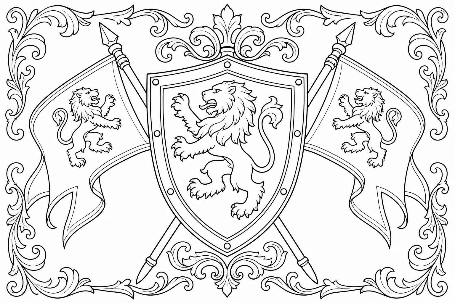A knight shield and heraldic banner with a bold lion crest, crossed flags and a decorative border