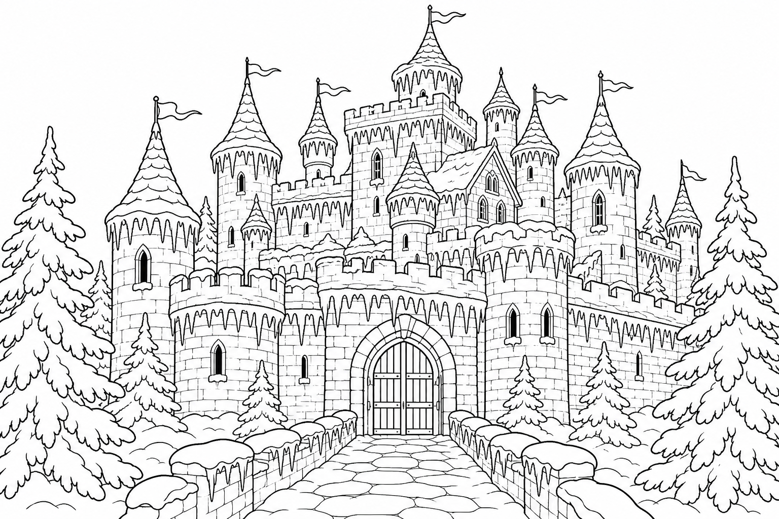 A snowy winter castle with icicles hanging from the towers, frosted battlements and pine trees around the walls