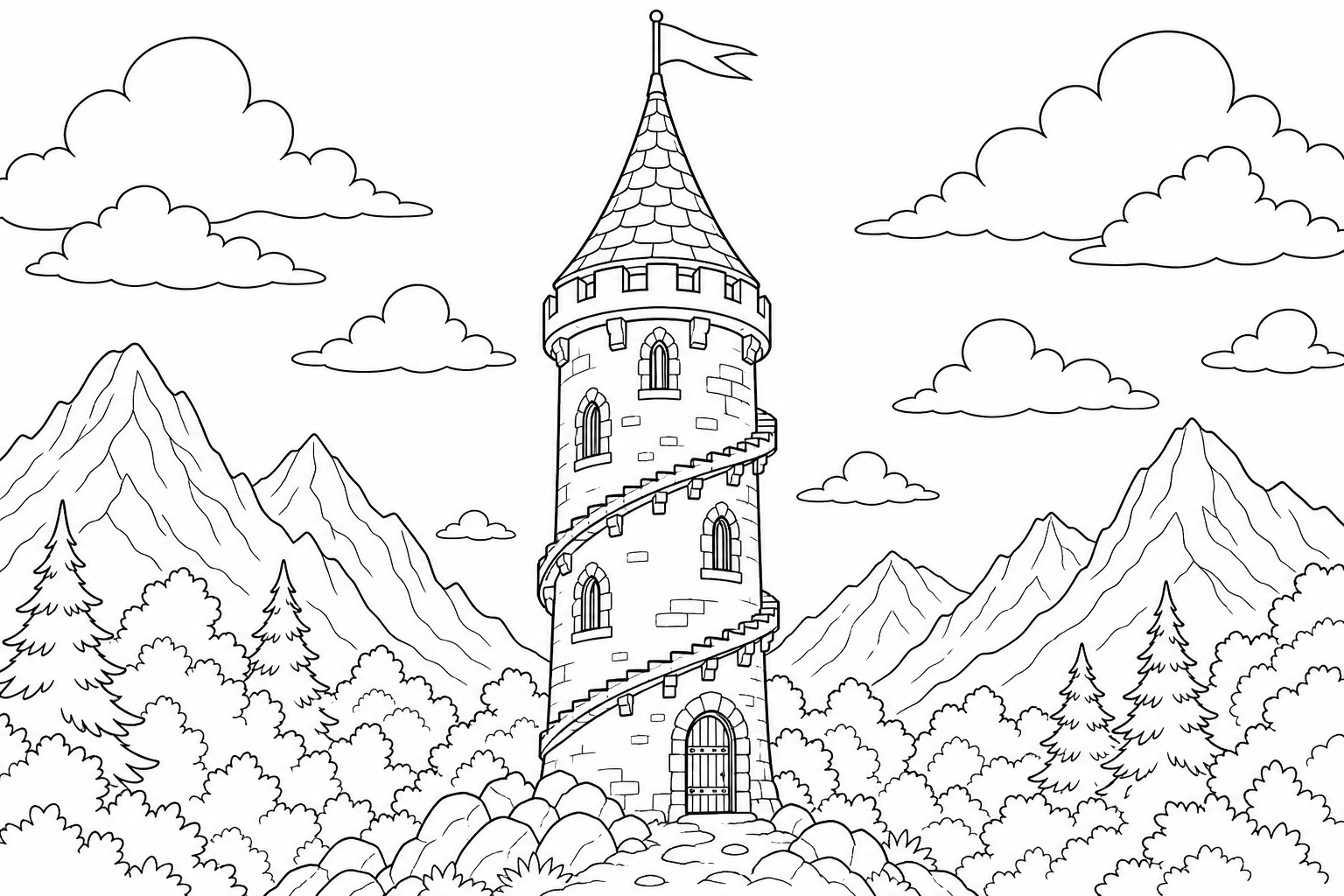 A tall castle turret with a pointed conical roof and a small triangular flag, narrow windows winding up the tower