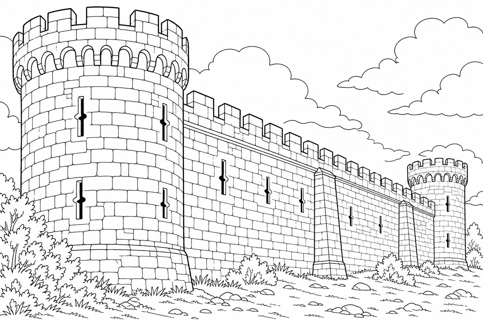 A long castle curtain wall topped with battlements and crenellations, a round corner tower, arrow slits in the stone