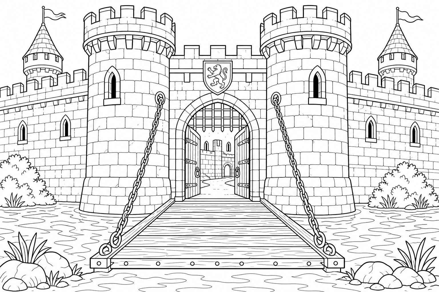 A castle with a wooden drawbridge lowered over a wide moat, twin gate towers, rippling water below, bold clean outlines