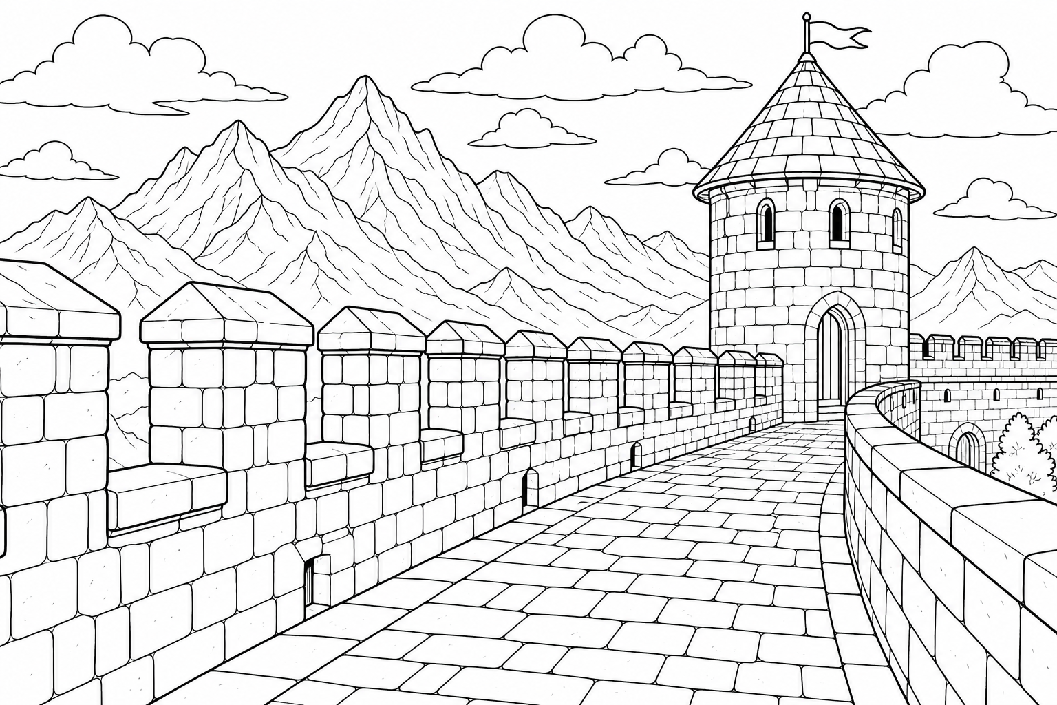 Castle Coloring Page with Guard Tower & Mountains - June 2026
