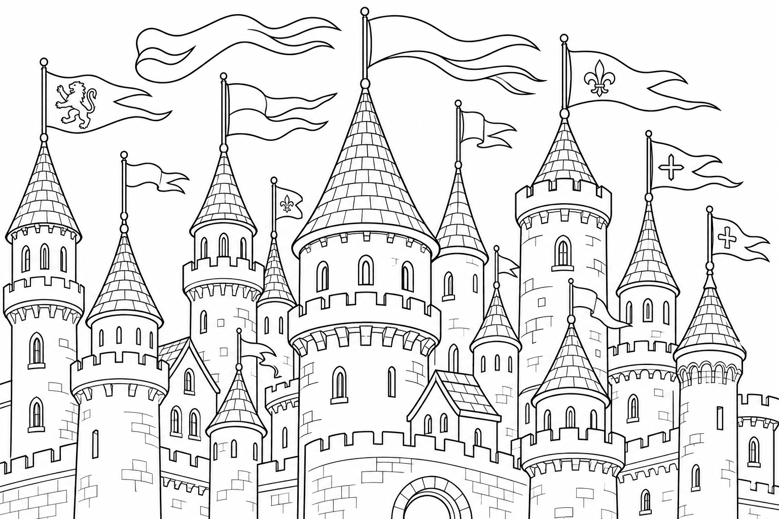 A cluster of castle towers flying many triangular pennants and flags from their peaks, fluttering in the wind