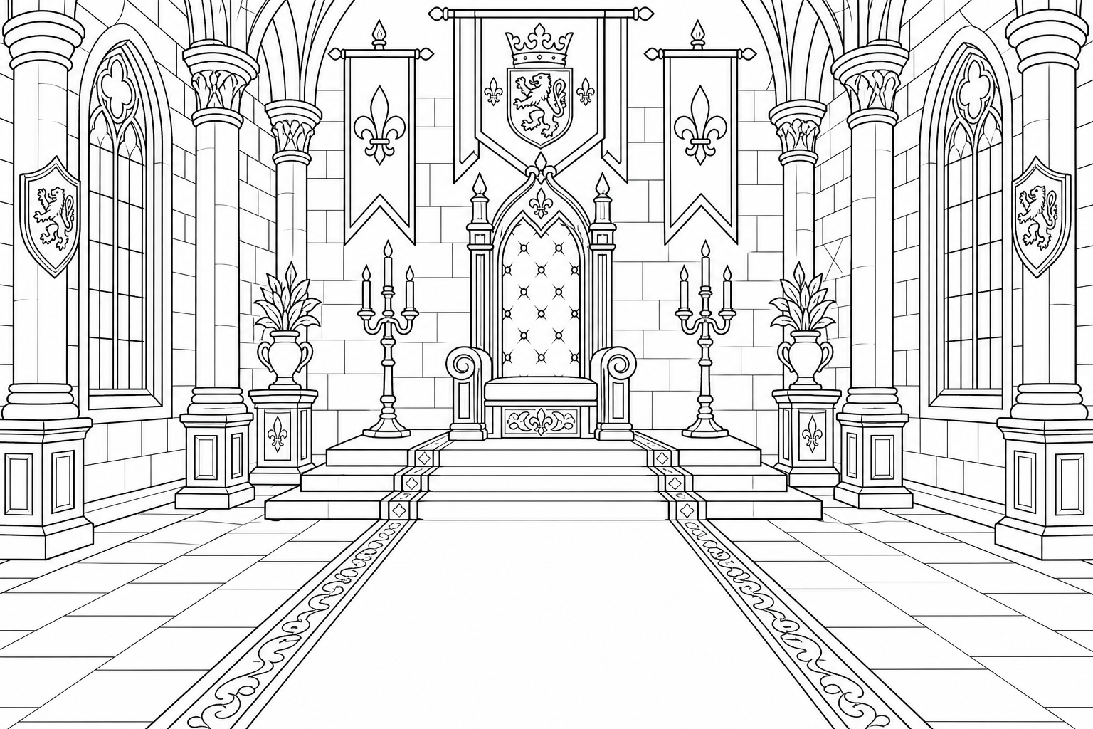 A grand throne room inside a castle with a raised throne on a dais, tall arched windows, a long carpet leading to the seat