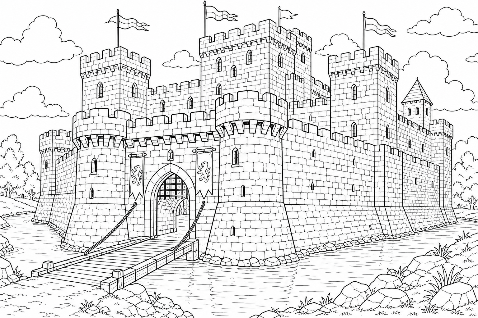 A sturdy medieval stone fortress with thick square towers, a barbican gatehouse and a deep defensive ditch