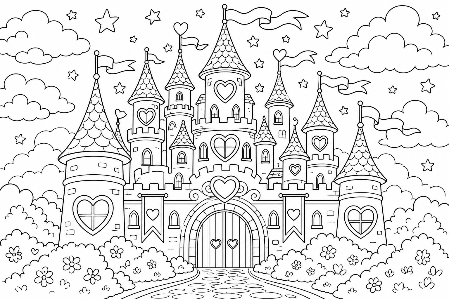 A whimsical fairy-tale castle with heart-shaped windows and ribboned banners, clouds and stars around the highest spire
