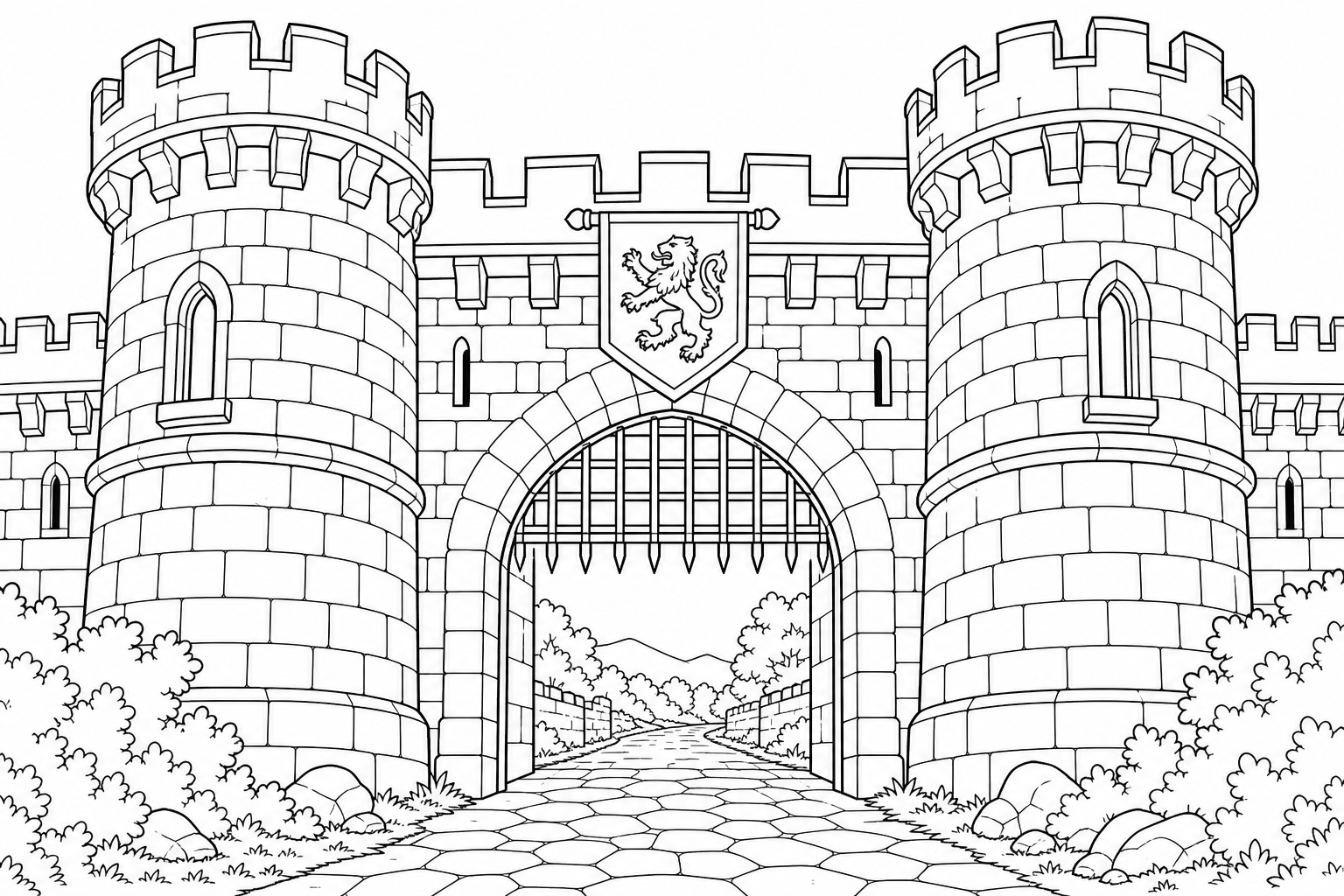 A castle gatehouse with a raised iron portcullis in the entrance archway, two flanking towers, a banner above the gate