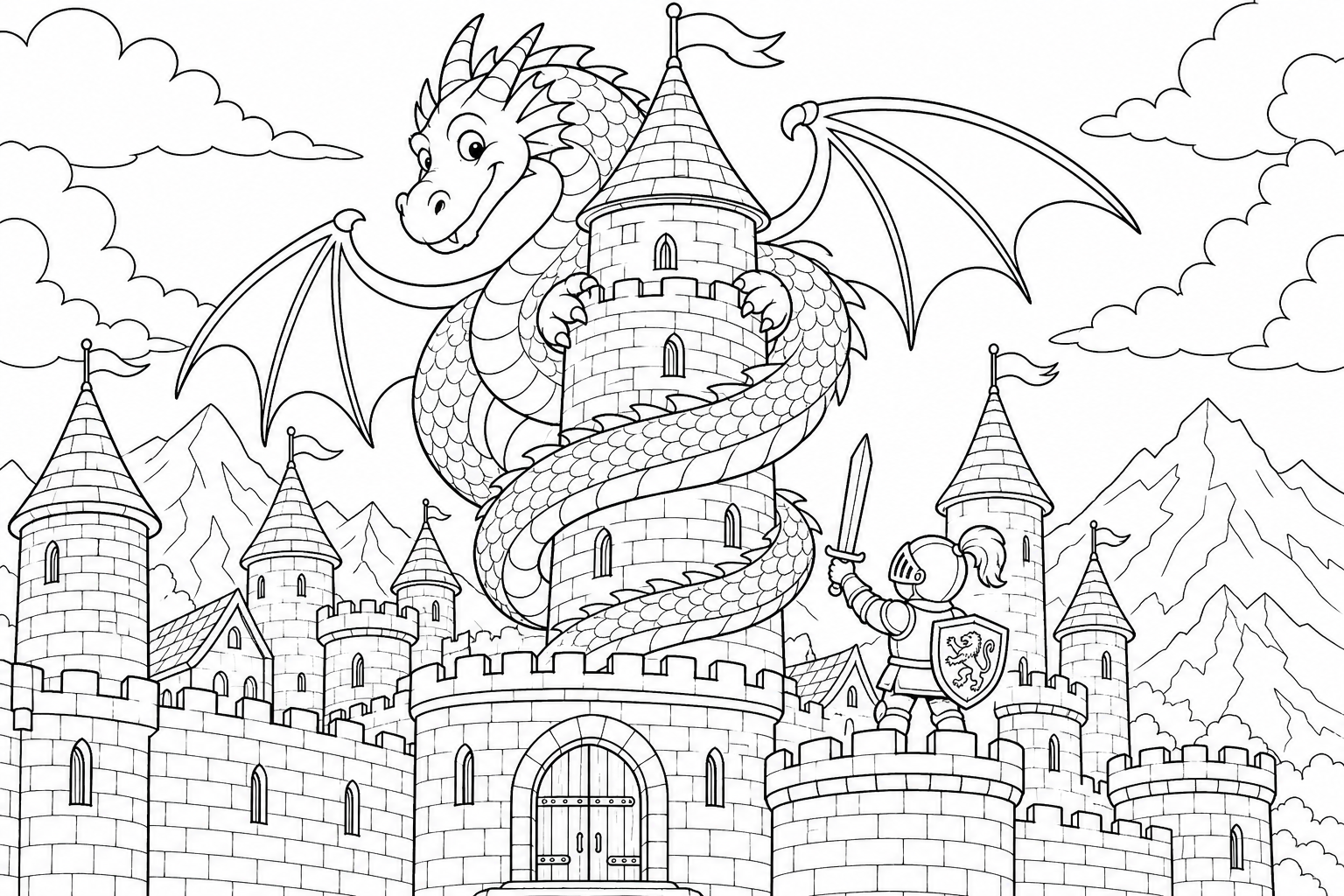A friendly dragon coiled around the tallest castle tower, the fortress walls below, a tiny knight on the rampart