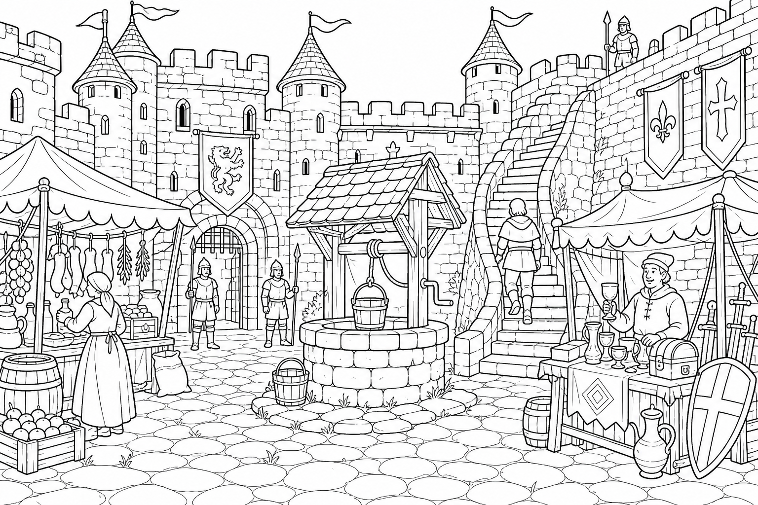 A busy castle courtyard with a stone well, market stalls, surrounding walls and a staircase climbing to the ramparts