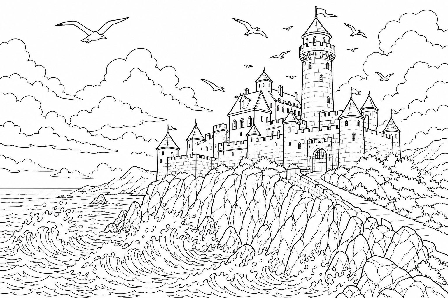 A castle perched on a rocky sea cliff above crashing waves, seabirds circling one tall watchtower, bold clean outlines