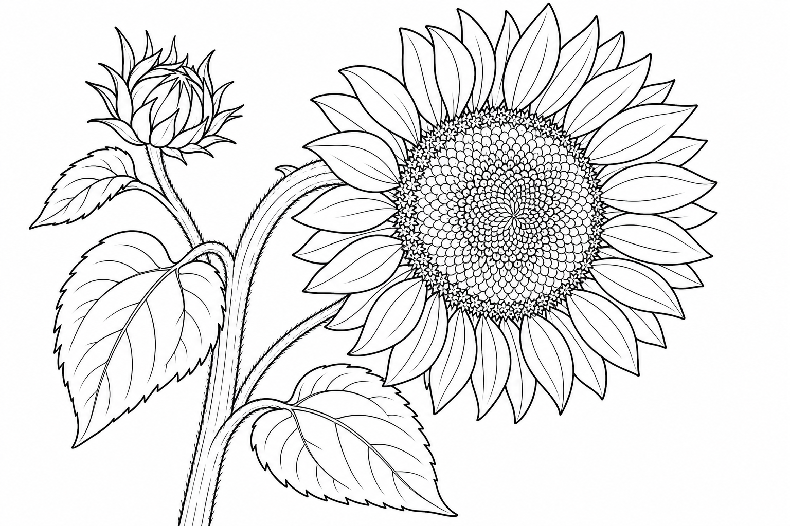 A single sunflower bending slightly on its stem, leaves and a bud along the stalk