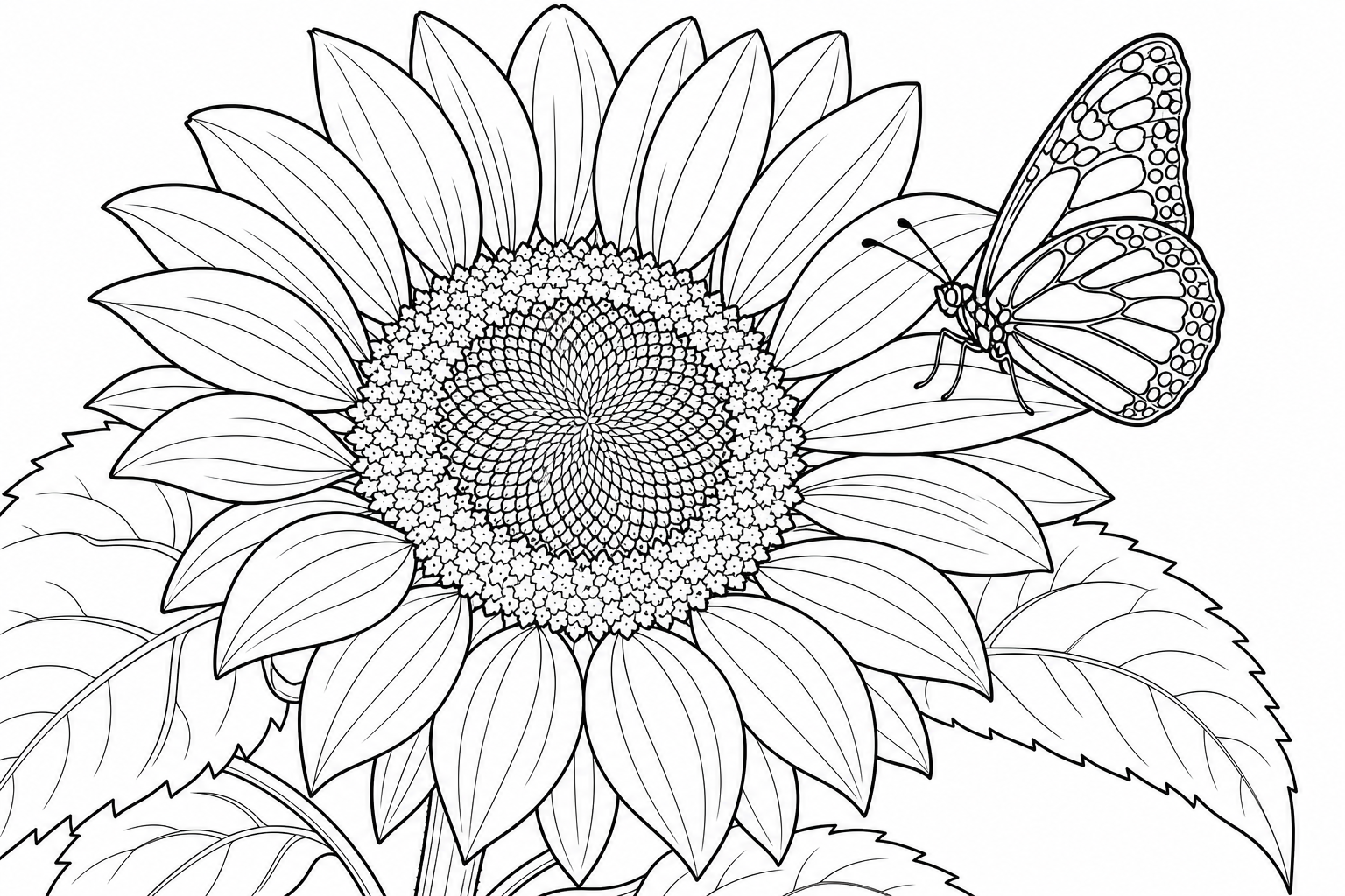 A sunflower bloom with a butterfly perched on one petal