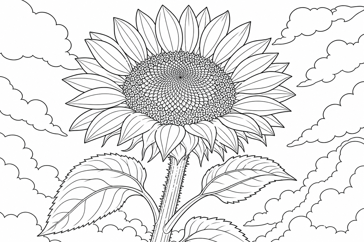A sunflower seen from below looking up at the bright face against the sky
