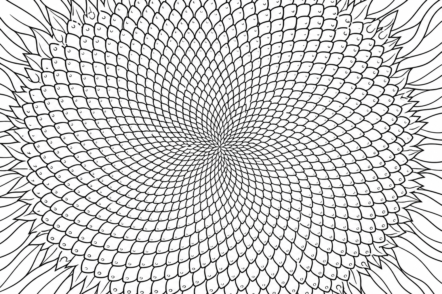 An extreme close-up of a sunflower center, hundreds of seeds in interlocking spiral curves filling the frame