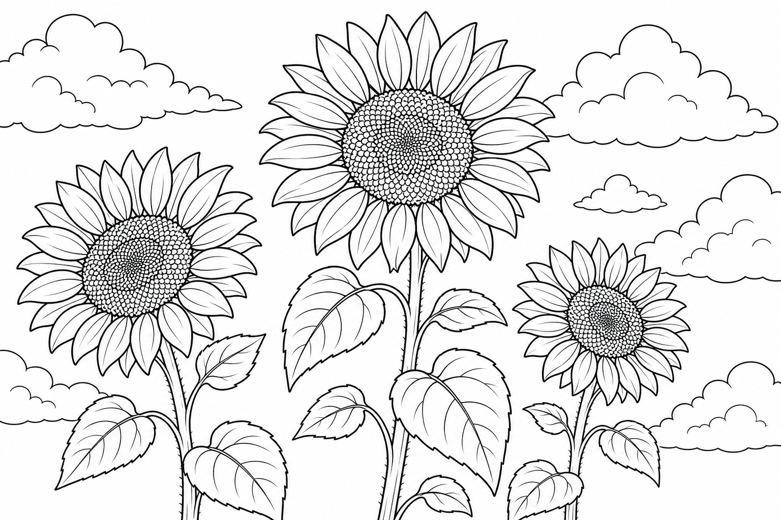 Three sunflowers of different heights growing together against a simple sky