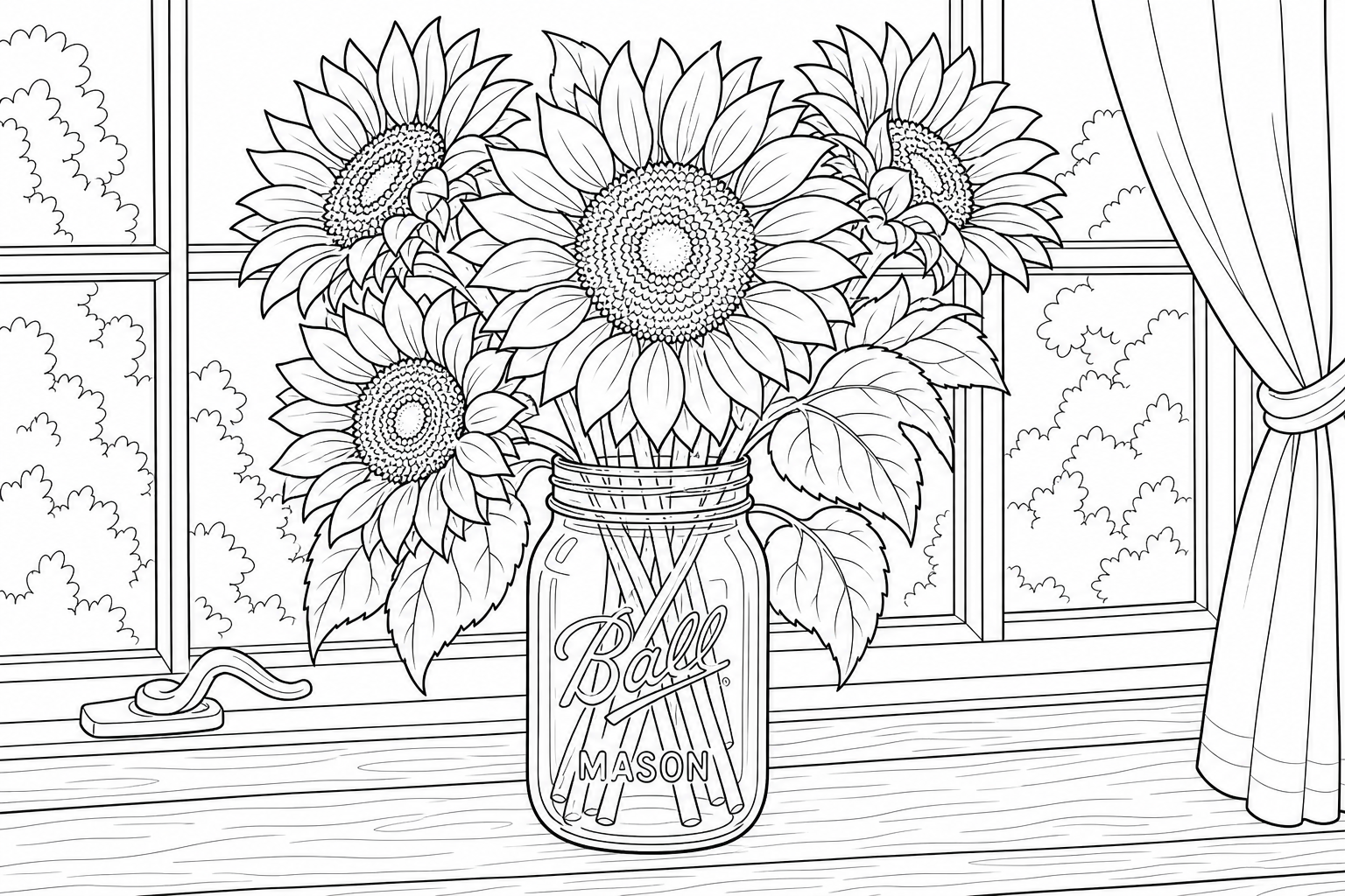 A cut bunch of sunflowers arranged in a mason jar on a windowsill