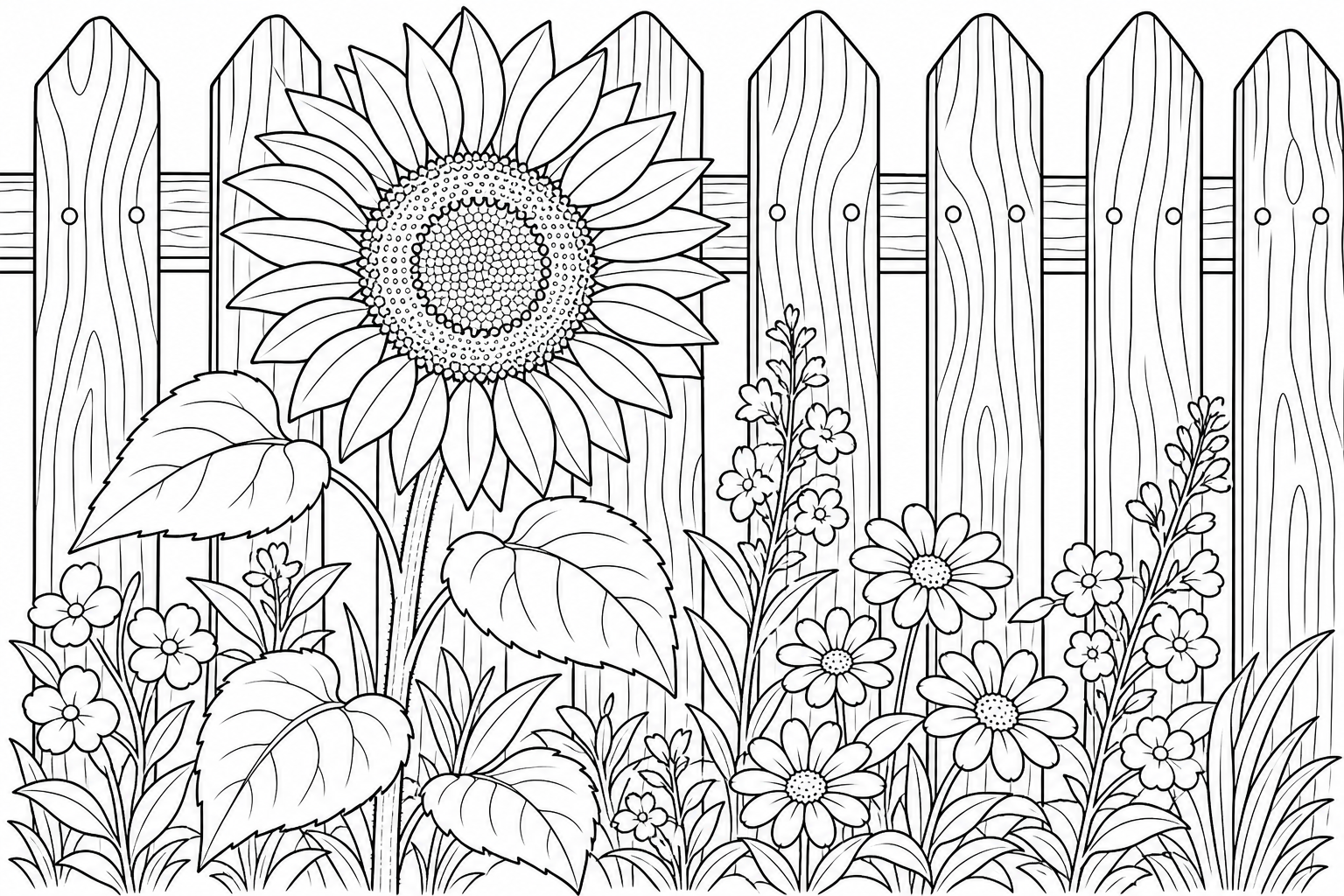 A sunflower in a garden bed beside a wooden fence, smaller flowers around its base