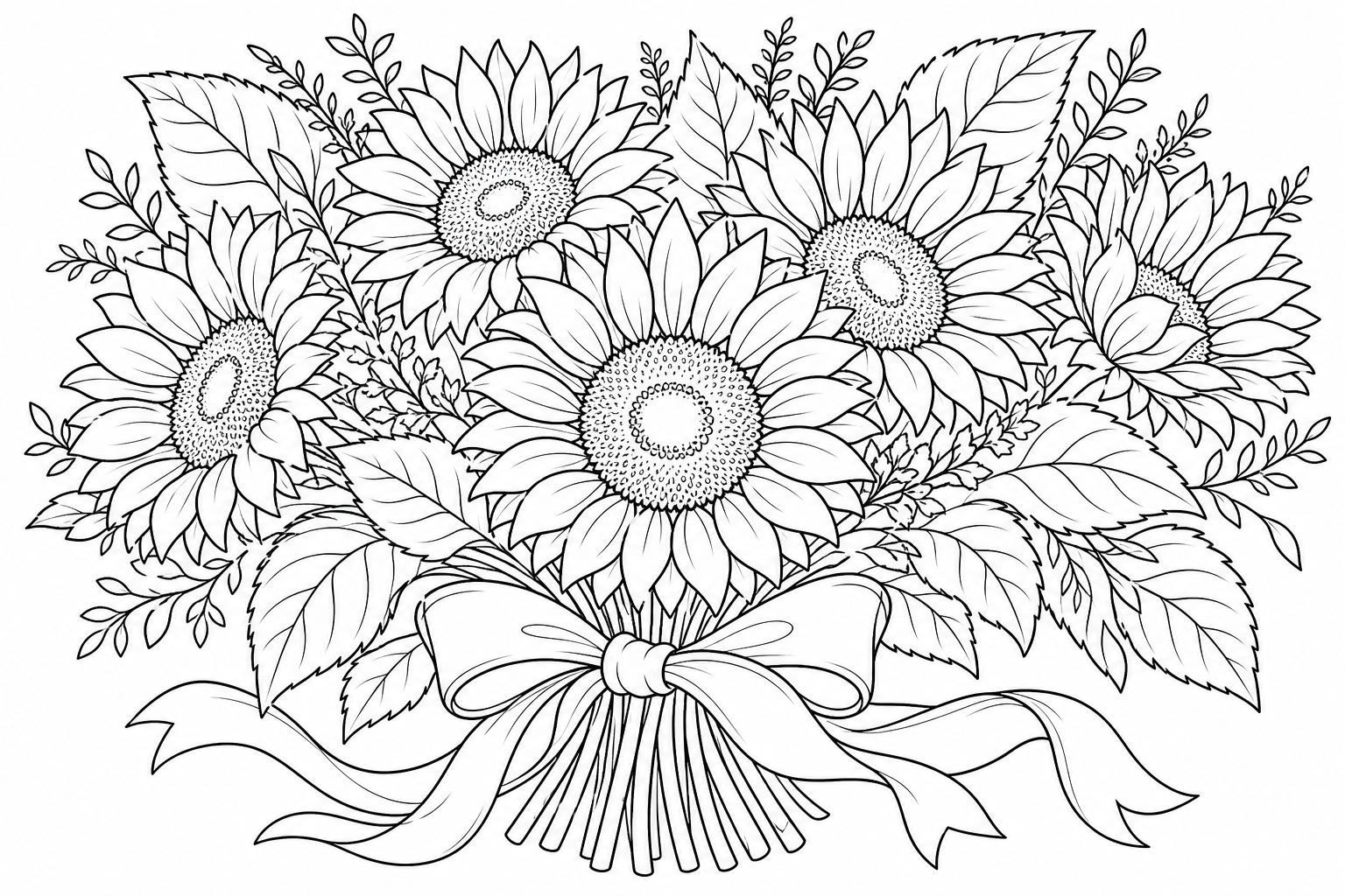 A bouquet of sunflowers tied with a ribbon, stems and leaves fanning out