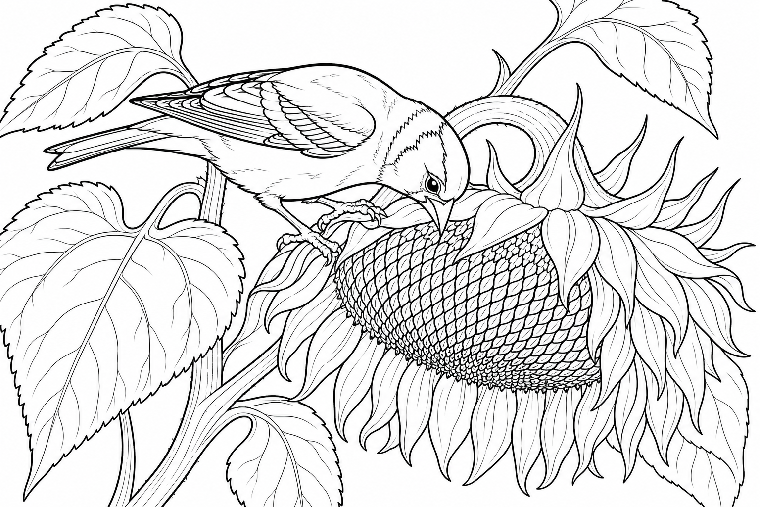 A goldfinch perched on a drooping sunflower head pecking at the seeds