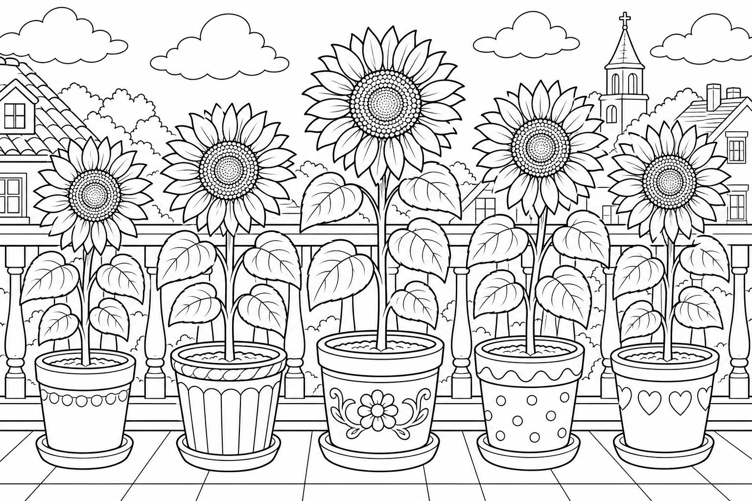 A row of sunflowers in pots along a sunny balcony railing