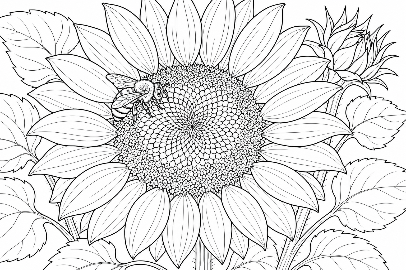 A sunflower with wide ray petals and a detailed seed disc, a small bee resting on the center