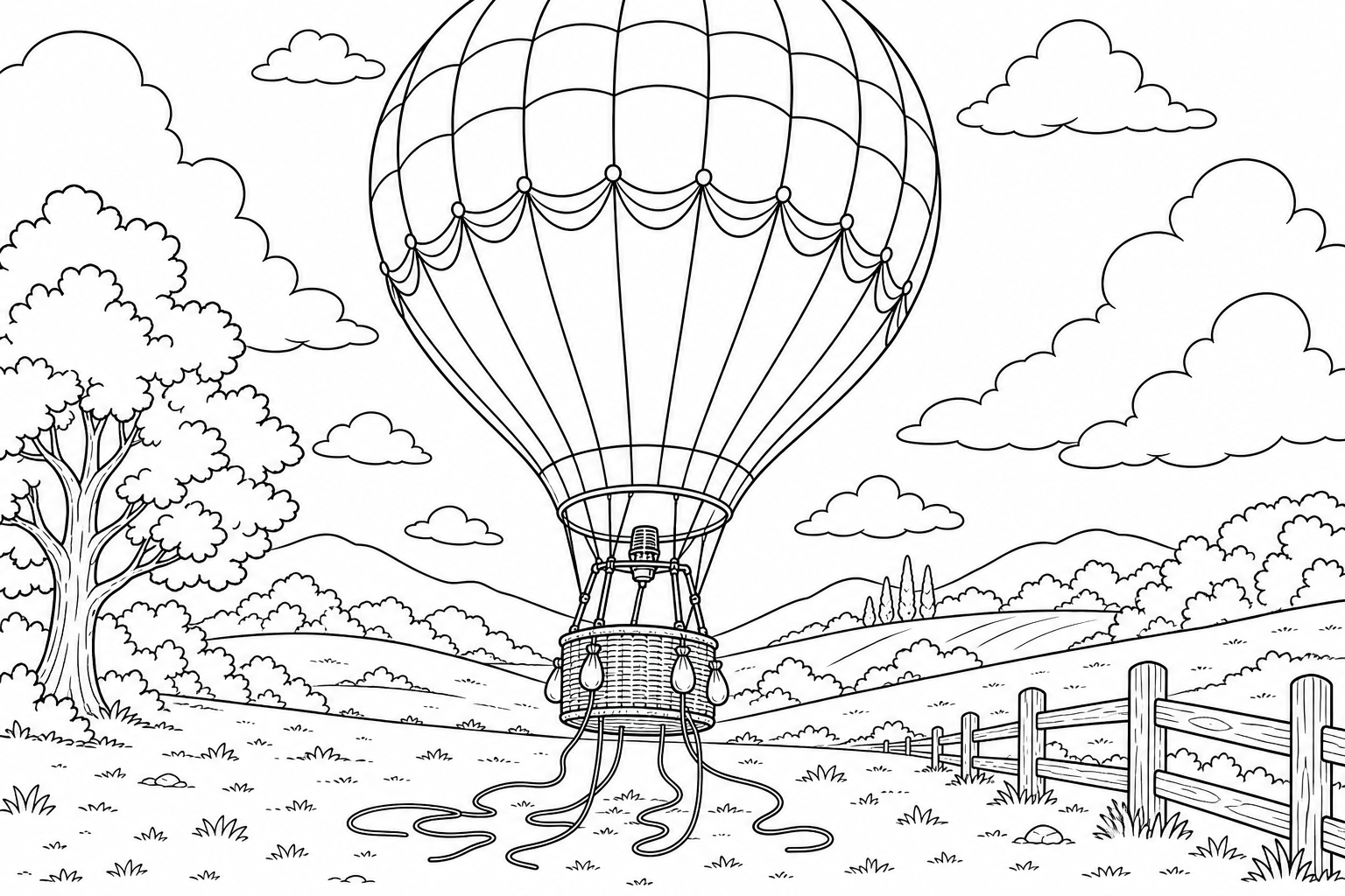 A hot air balloon just lifting off the ground, the basket a few feet up with ropes trailing below it