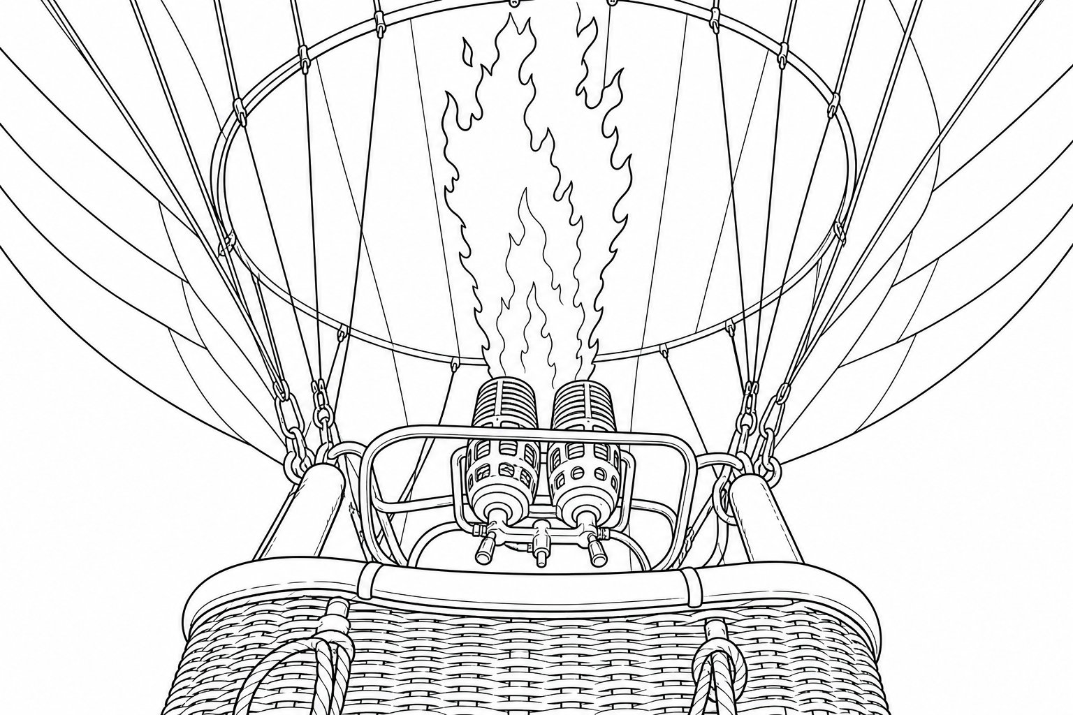 A close up of a wicker hot air balloon basket with the burner mounted above it shooting a tall flame up into the envelope mouth